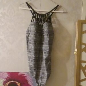 Chic Black and White One Piece Swimsuit with Halter Neck